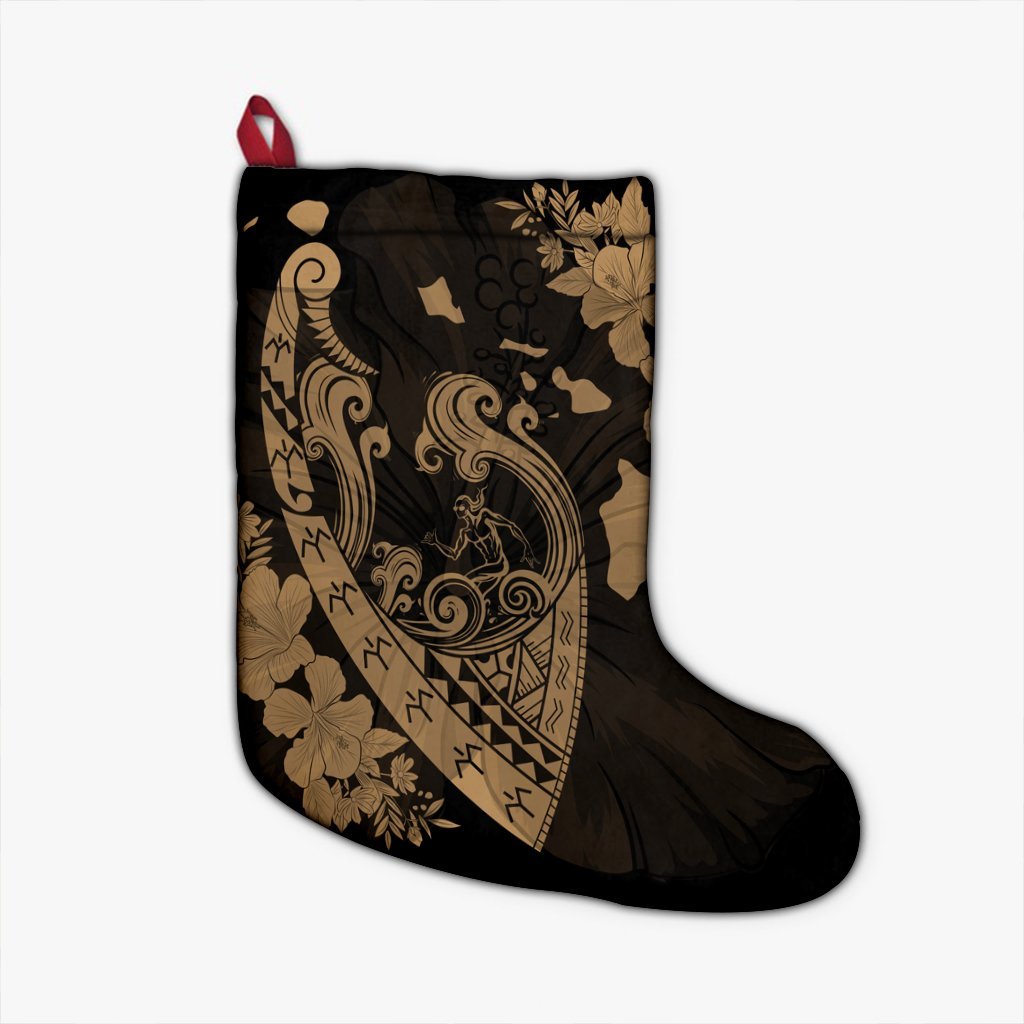 Hawaiian Fish Hook Hibiscus Banzai Surfing Polynesian Christmas Stocking Gold - AH Christmas Stocking 26 X 42 cm Black - Polynesian Pride