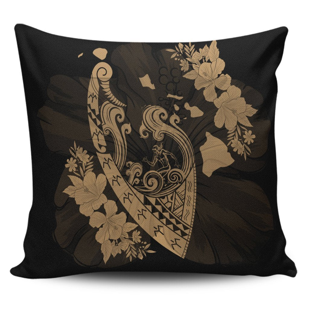 Hawaiian Fish Hook Hibiscus Banzai Surfing Polynesian Pillow Covers Gold - AH Pillow Covers Black - Polynesian Pride