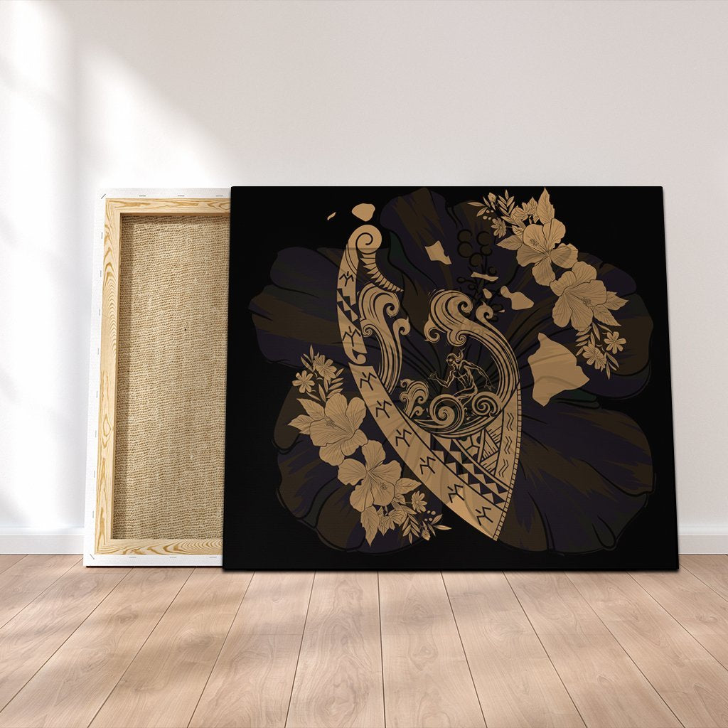 Hawaiian Fish Hook Hibiscus Banzai Surfing Polynesian Canvas Gold - AH Canvas Poly-cotton - Polynesian Pride