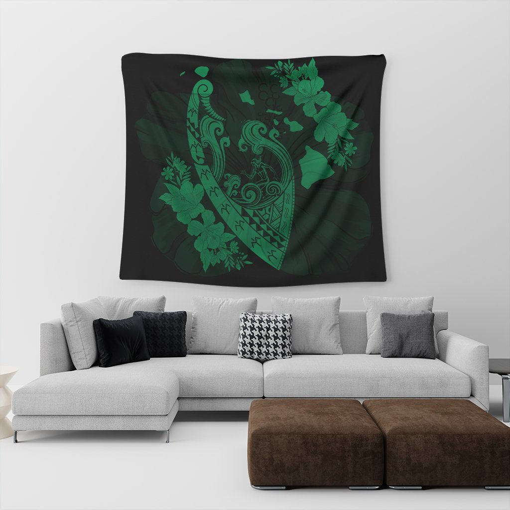 Hawaiian Fish Hook Hibiscus Banzai Surfing Polynesian Tapestry Green - AH - Polynesian Pride