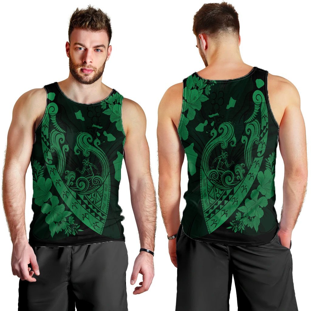 Hawaiian Fish Hook Hibiscus Banzai Surfing Polynesian Tank Top Green - AH - Polynesian Pride