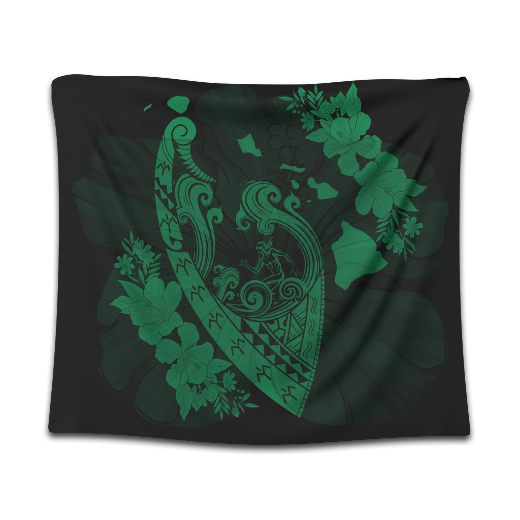 Hawaiian Fish Hook Hibiscus Banzai Surfing Polynesian Tapestry Green - AH Wall Tapestry Black - Polynesian Pride