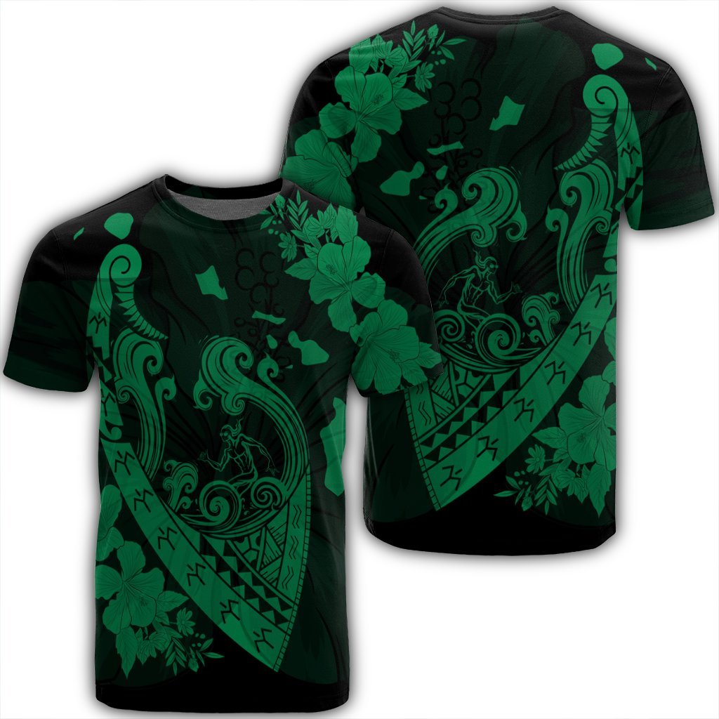 Hawaiian Fish Hook Hibiscus Banzai Surfing Polynesian T Shirt Green Unisex Black - Polynesian Pride