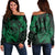 Hawaiian Fish Hook Hibiscus Banzai Surfing Polynesian Women's Off Shoulder Sweater Green - AH Black - Polynesian Pride