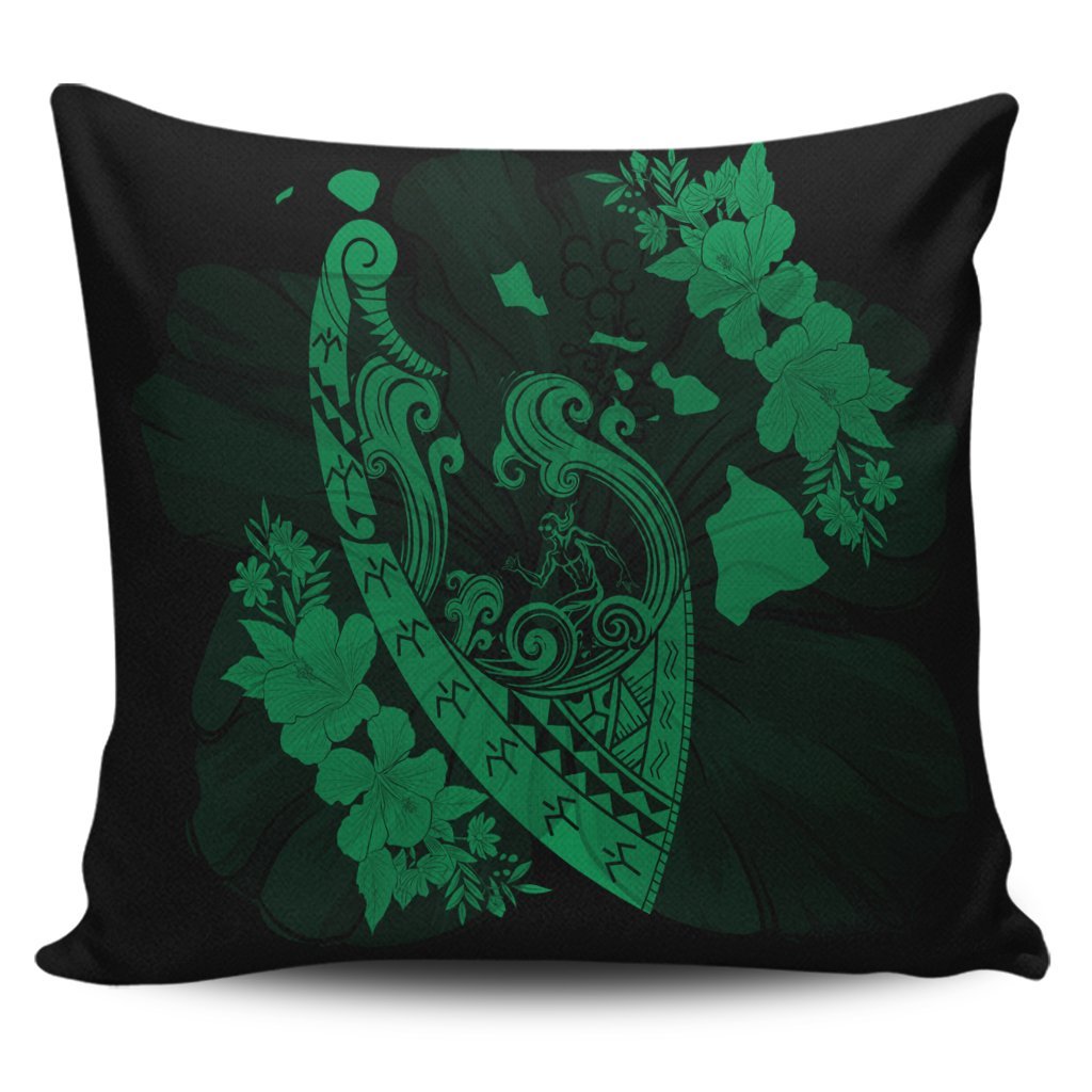 Hawaiian Fish Hook Hibiscus Banzai Surfing Polynesian Pillow Covers Green - AH Pillow Covers Black - Polynesian Pride