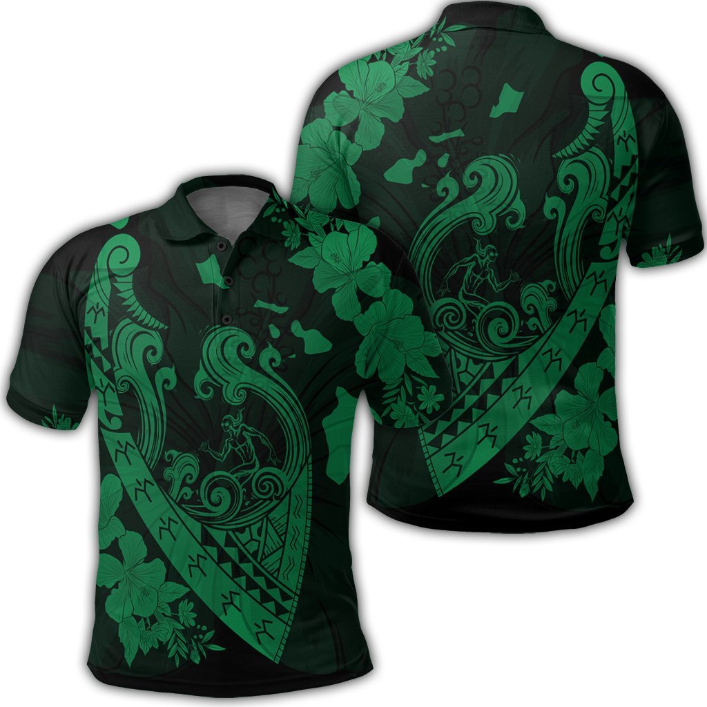 Hawaiian Fish Hook Hibiscus Banzai Surfing Polynesian Polo Shirt Green Unisex Black - Polynesian Pride