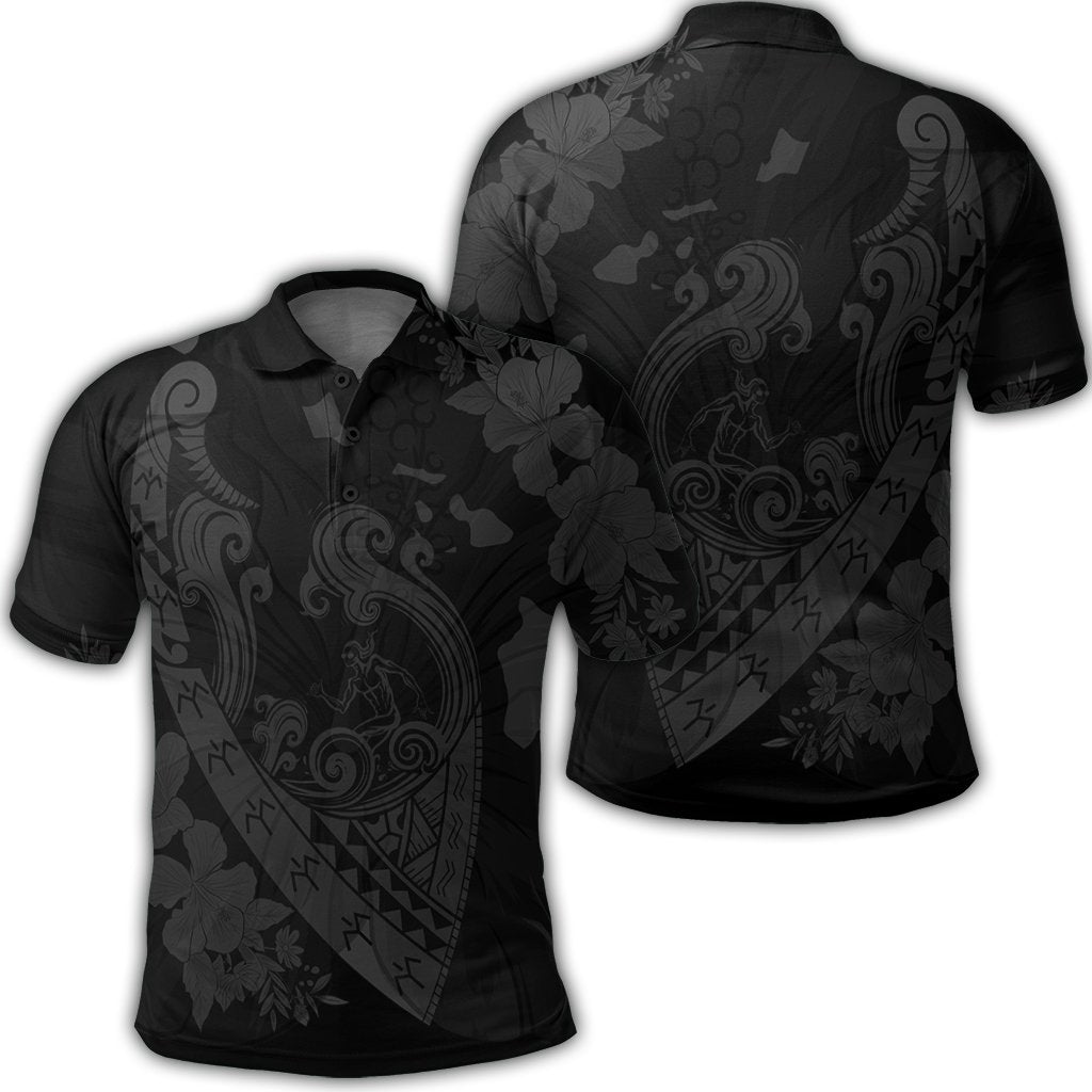 Hawaiian Fish Hook Hibiscus Banzai Surfing Polynesian Polo Shirt Grey Unisex Black - Polynesian Pride