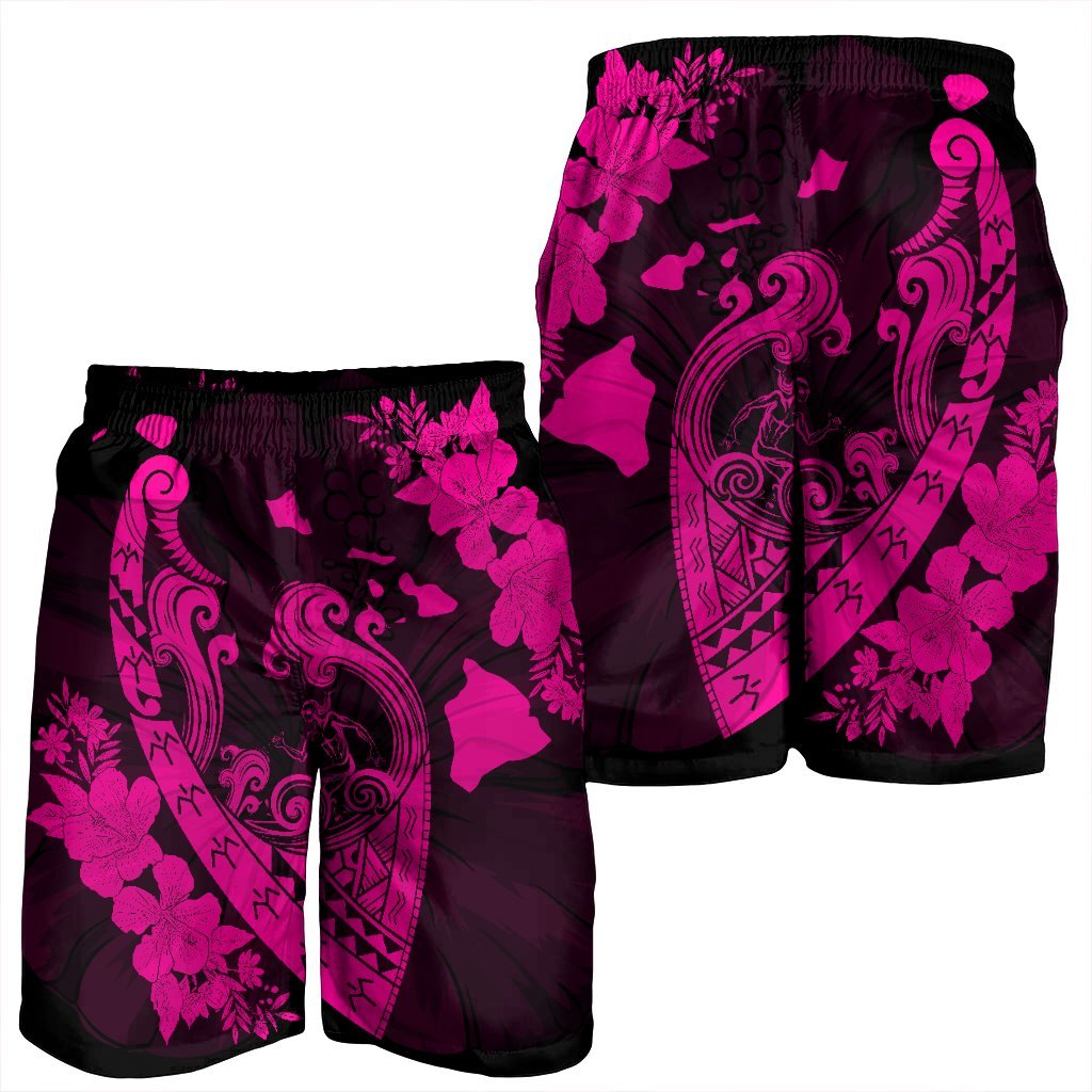 Hawaiian Fish Hook Hibiscus Banzai Surfing Polynesian Men's Shorts Pink - AH - Polynesian Pride