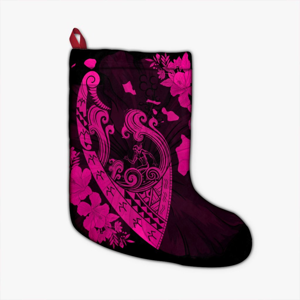 Hawaiian Fish Hook Hibiscus Banzai Surfing Polynesian Christmas Stocking Pink - AH Christmas Stocking 26 X 42 cm Black - Polynesian Pride