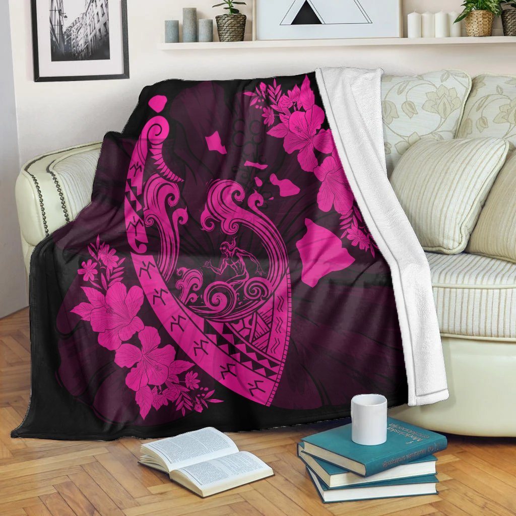 Hawaiian Fish Hook Hibiscus Banzai Surfing Polynesian Premium Blankets Pink - AH White - Polynesian Pride