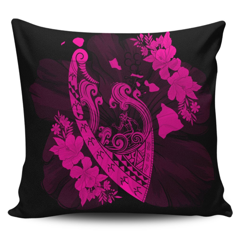 Hawaiian Fish Hook Hibiscus Banzai Surfing Polynesian Pillow Covers Pink - AH Pillow Covers Black - Polynesian Pride