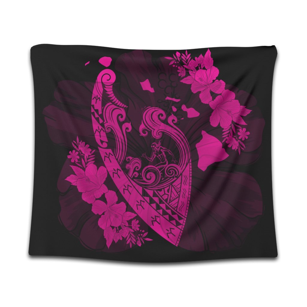 Hawaiian Fish Hook Hibiscus Banzai Surfing Polynesian Tapestry Pink - AH Wall Tapestry Black - Polynesian Pride