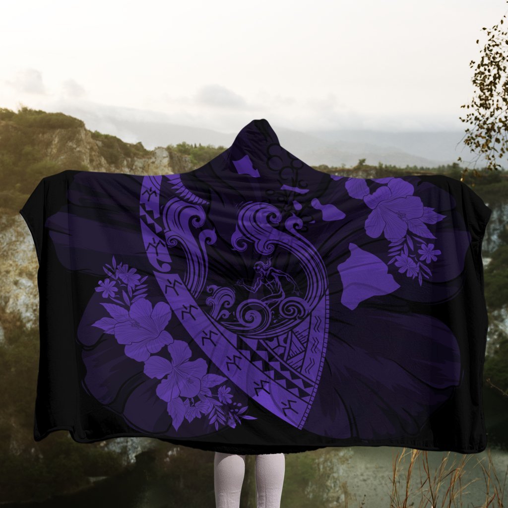 Hawaiian Fish Hook Hibiscus Banzai Surfing Polynesian Hooded Blanket Purple - AH - Polynesian Pride