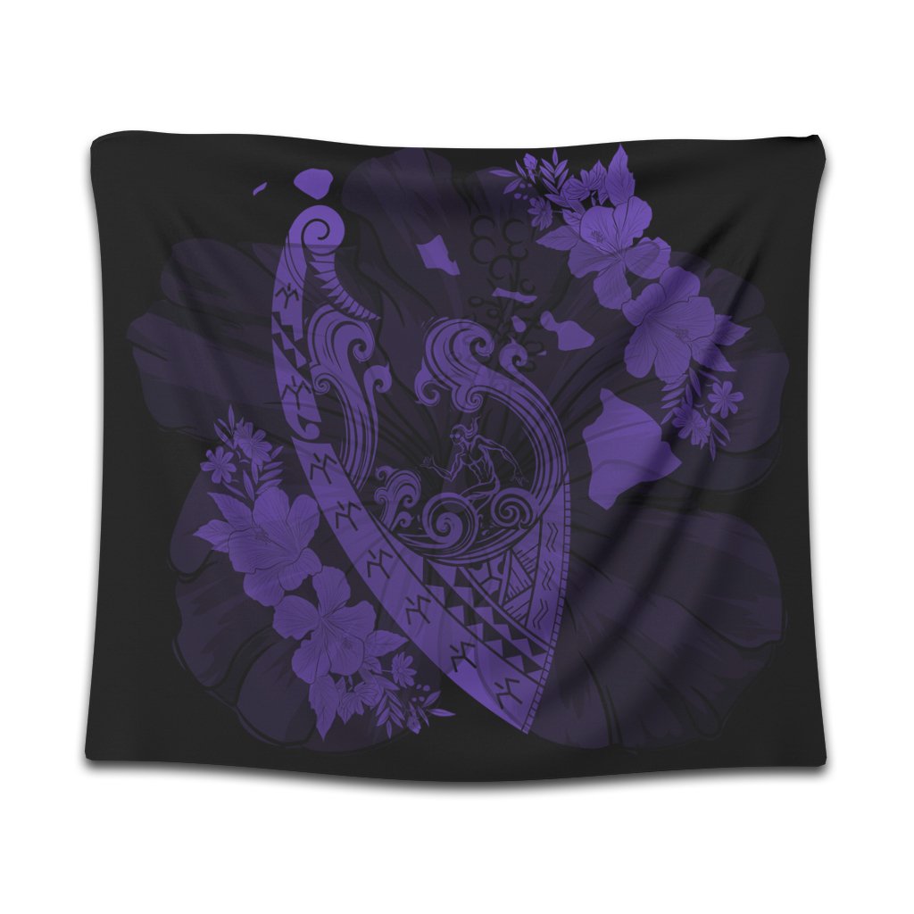 Hawaiian Fish Hook Hibiscus Banzai Surfing Polynesian Tapestry Purple - AH Wall Tapestry Black - Polynesian Pride