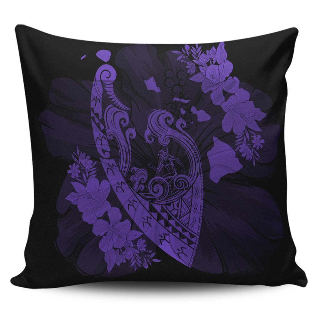 Hawaiian Fish Hook Hibiscus Banzai Surfing Polynesian Pillow Covers Purple - AH Pillow Covers Black - Polynesian Pride