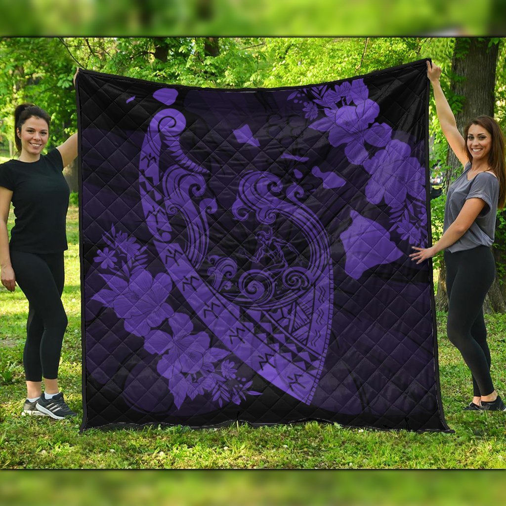 Hawaiian Fish Hook Hibiscus Banzai Surfing Polynesian Premium Quilts Purple - AH Black - Polynesian Pride