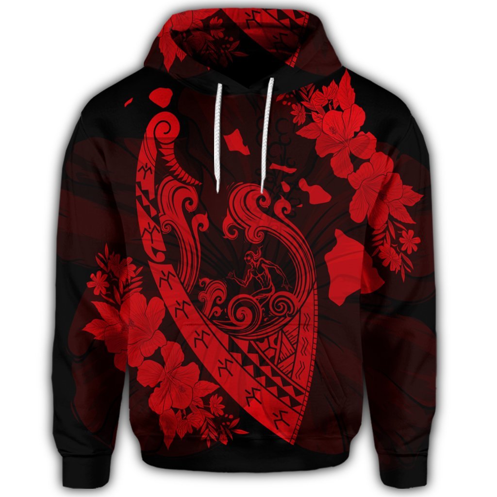 Hawaiian Fish Hook Hibiscus Banzai Surfing Polynesian Hoodie Red - Polynesian Pride