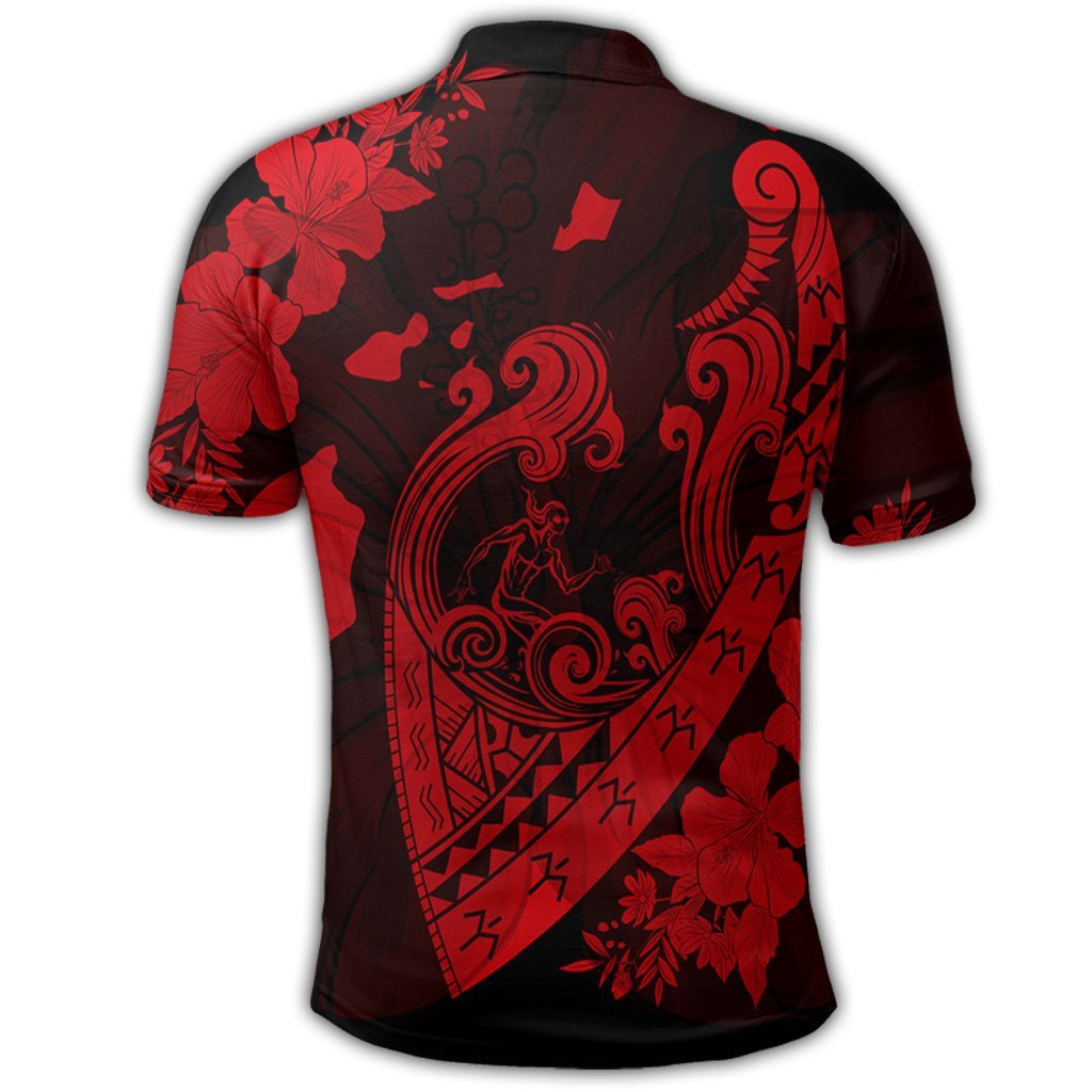 Hawaiian Fish Hook Hibiscus Banzai Surfing Polynesian Polo Shirt Red - Polynesian Pride