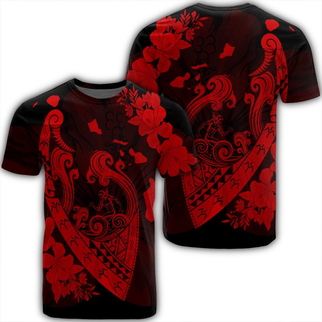 Hawaiian Fish Hook Hibiscus Banzai Surfing Polynesian T Shirt Red Unisex Black - Polynesian Pride