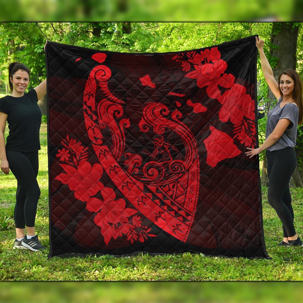 Hawaiian Fish Hook Hibiscus Banzai Surfing Polynesian Premium Quilts Red - AH Black - Polynesian Pride