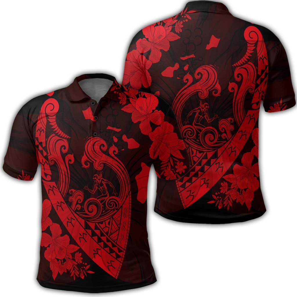 Hawaiian Fish Hook Hibiscus Banzai Surfing Polynesian Polo Shirt Red Unisex Black - Polynesian Pride