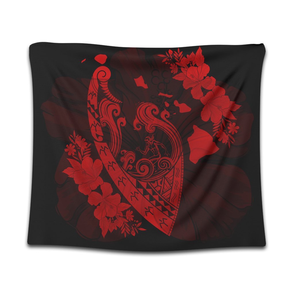 Hawaiian Fish Hook Hibiscus Banzai Surfing Polynesian Tapestry Red - AH Wall Tapestry Black - Polynesian Pride