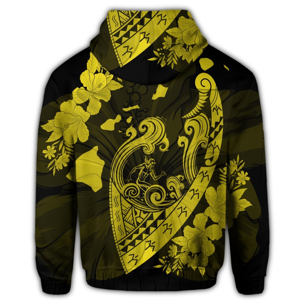 Hawaiian Fish Hook Hibiscus Banzai Surfing Polynesian Zip Hoodie Yellow - Polynesian Pride