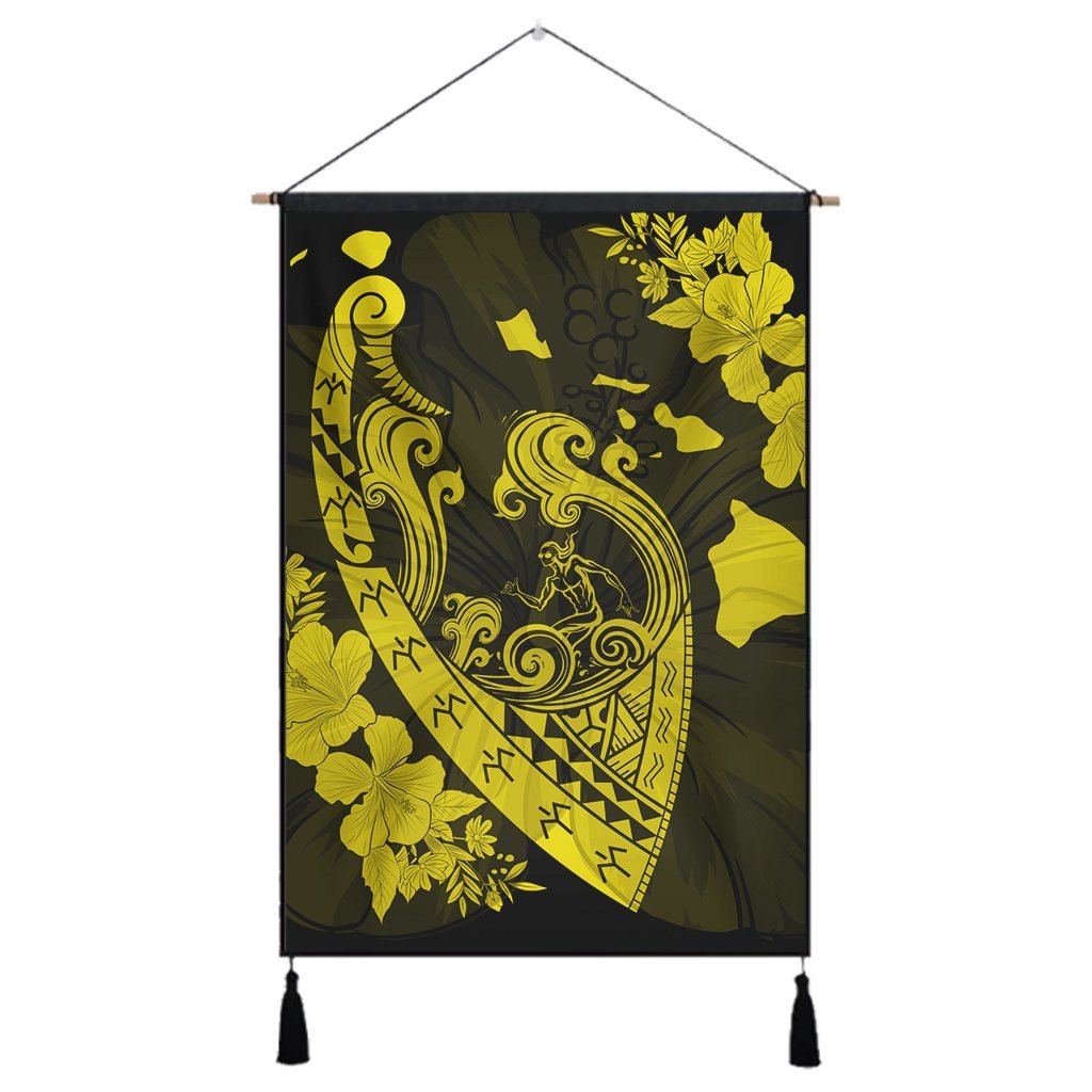 Hawaiian Fish Hook Hibiscus Banzai Surfing Polynesian Hanging Poster Yellow - AH Hanging Poster Cotton And Linen - Polynesian Pride