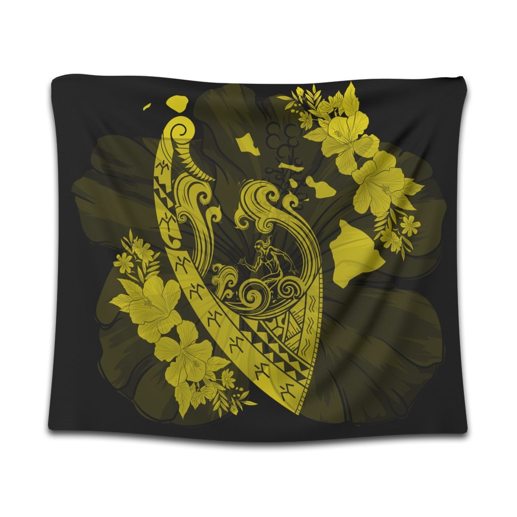 Hawaiian Fish Hook Hibiscus Banzai Surfing Polynesian Tapestry Yellow - AH Wall Tapestry Black - Polynesian Pride