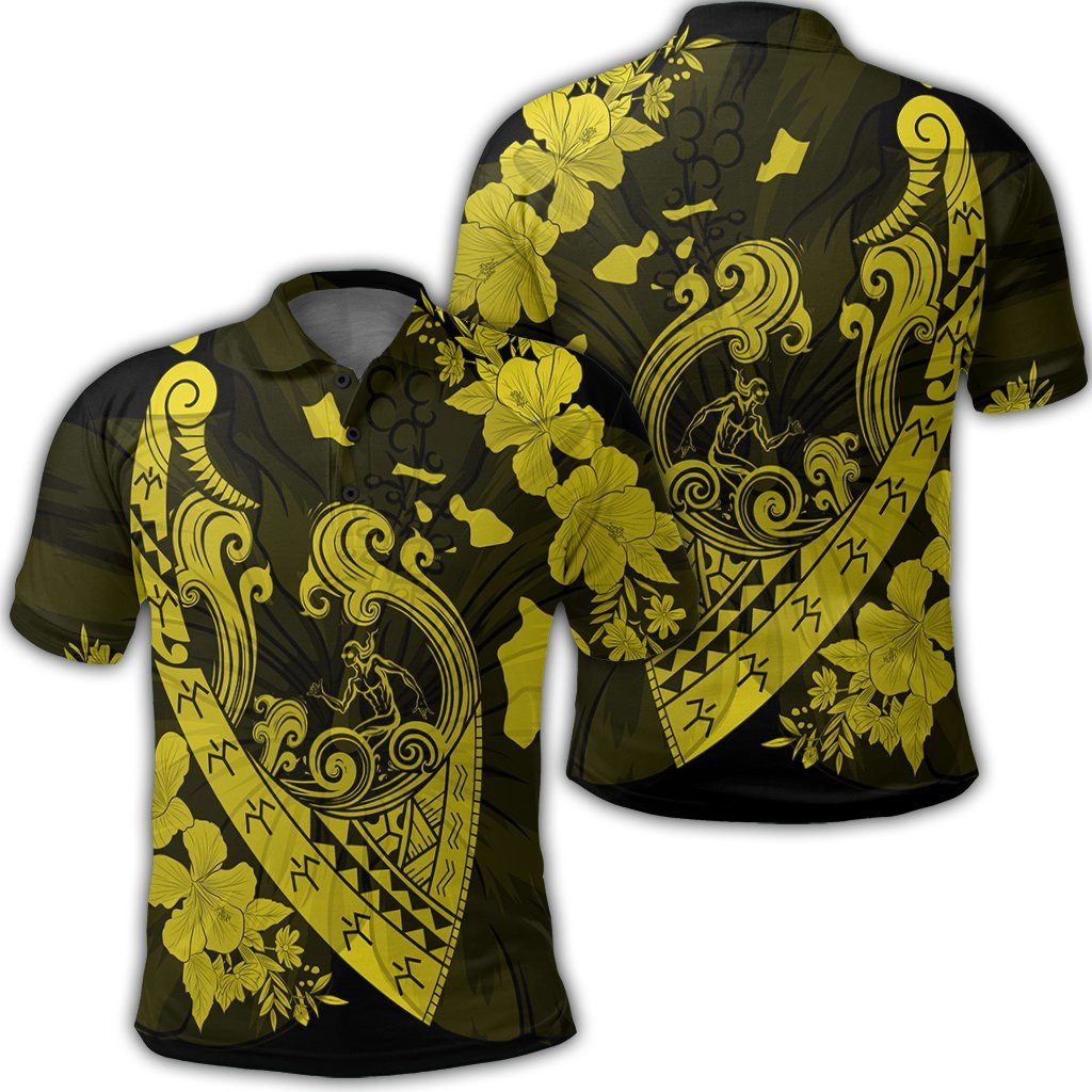 Hawaiian Fish Hook Hibiscus Banzai Surfing Polynesian Polo Shirt Yellow Unisex Black - Polynesian Pride