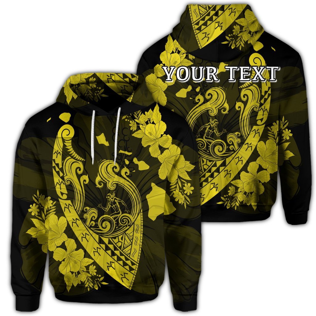 Custom Hawaiian Fish Hook Hibiscus Banzai Surfing Polynesian Hoodie Yellow Unisex Art - Polynesian Pride