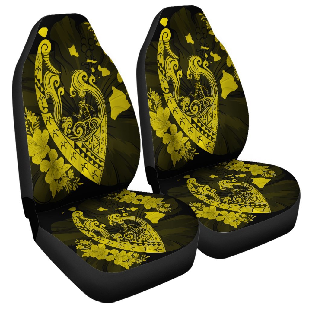 Hawaiian Fish Hook Hibiscus Banzai Surfing Polynesian Car Seat Covers Yellow - AH Universal Fit Black - Polynesian Pride