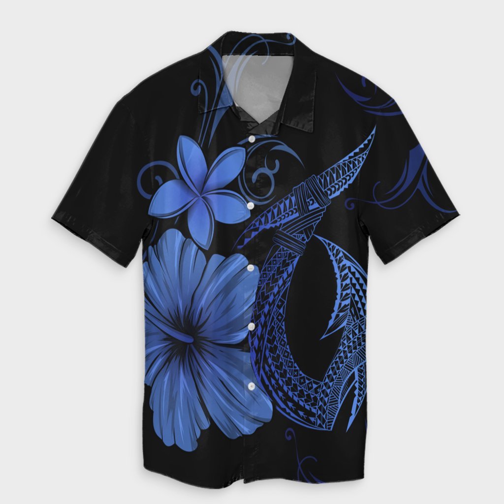 Hawaiian Fish Hook Hibiscus Plumeria Polynesian Hawaiian Shirt - Blue - AH Unisex Black - Polynesian Pride