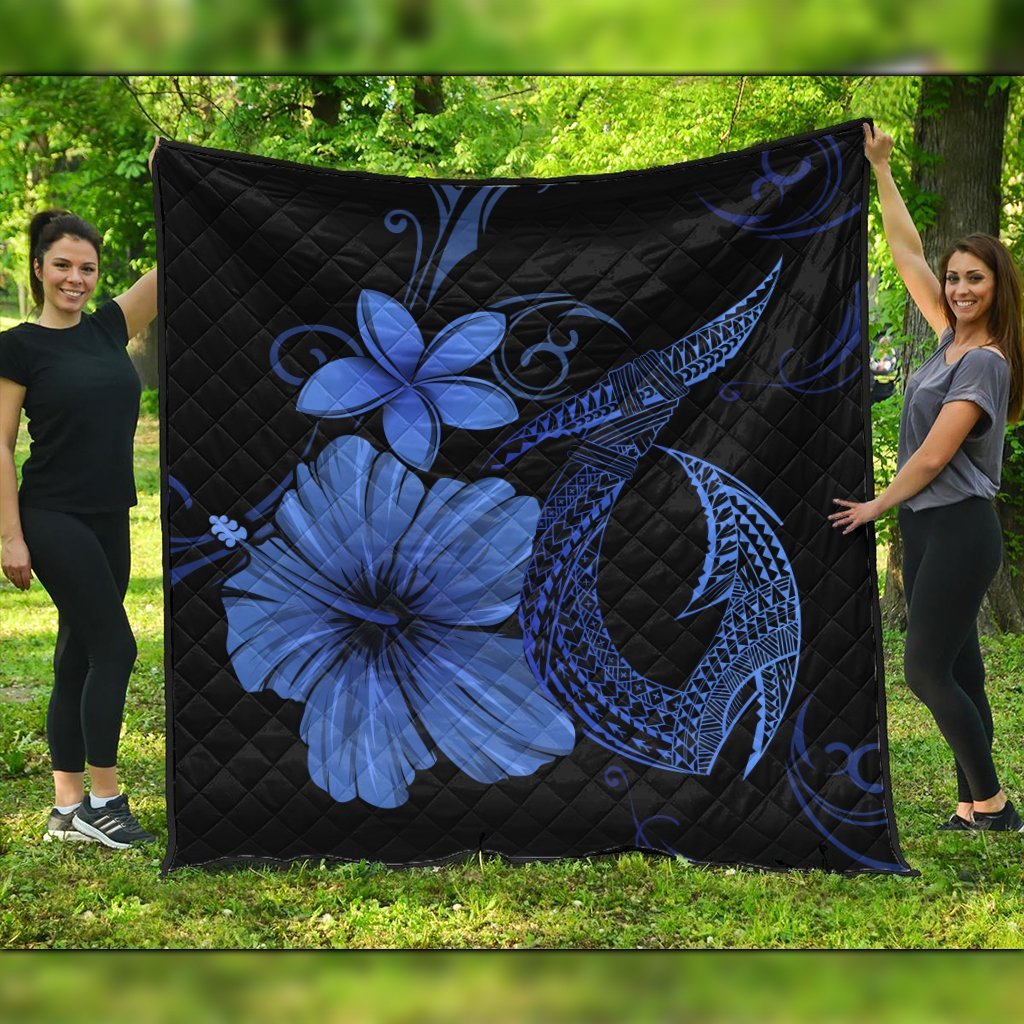 Hawaiian Fish Hook Hibiscus Plumeria Polynesian Premium Quilts - Blue - AH Black - Polynesian Pride