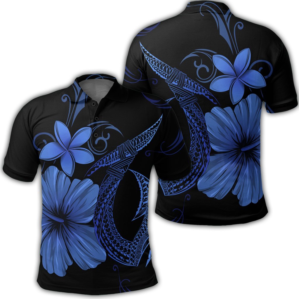 Hawaiian Fish Hook Hibiscus Plumeria Polynesian Polo Shirt Blue Unisex Black - Polynesian Pride