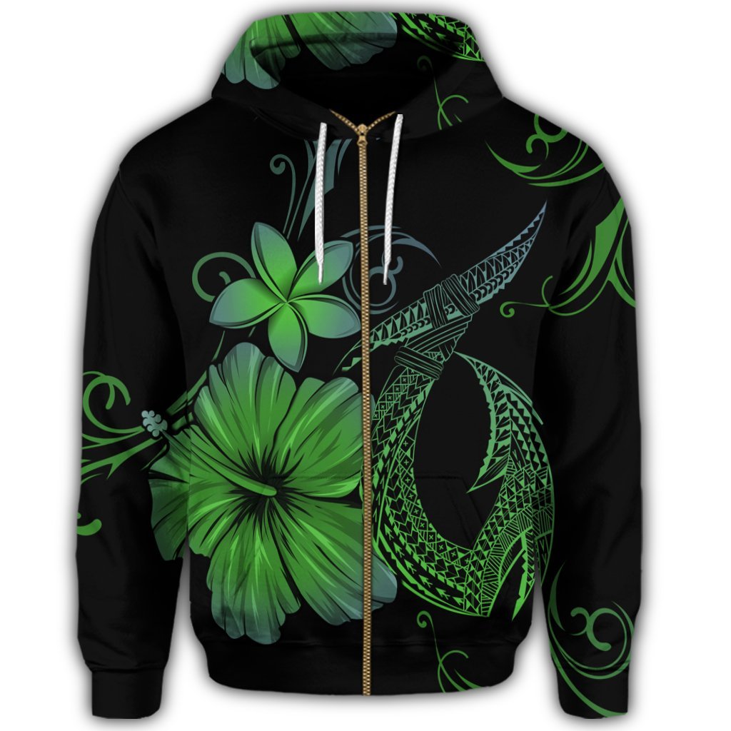 Hawaiian Fish Hook Hibiscus Plumeria Polynesian Zip Hoodie Green - Polynesian Pride