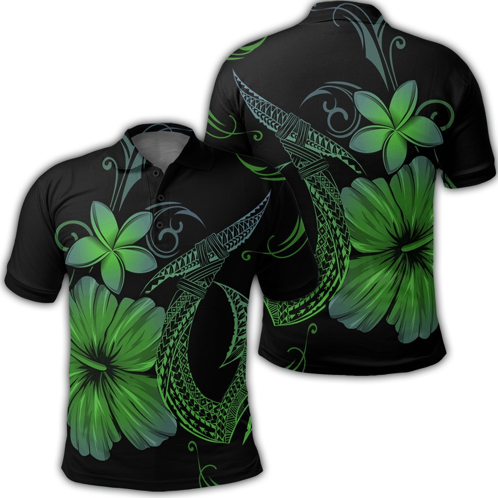 Hawaiian Fish Hook Hibiscus Plumeria Polynesian Polo Shirt Green Unisex Black - Polynesian Pride