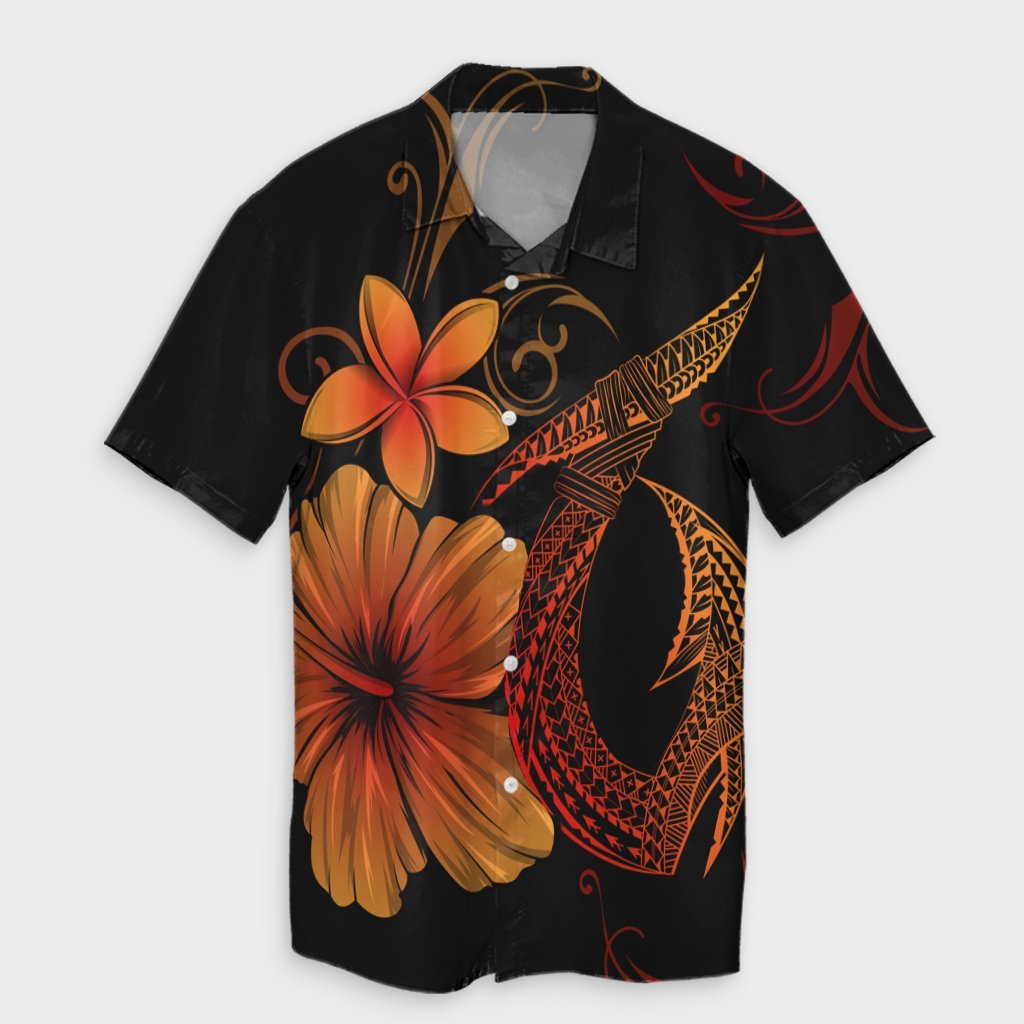 Hawaiian Fish Hook Hibiscus Plumeria Polynesian Hawaiian Shirt - Orange - AH Unisex Black - Polynesian Pride