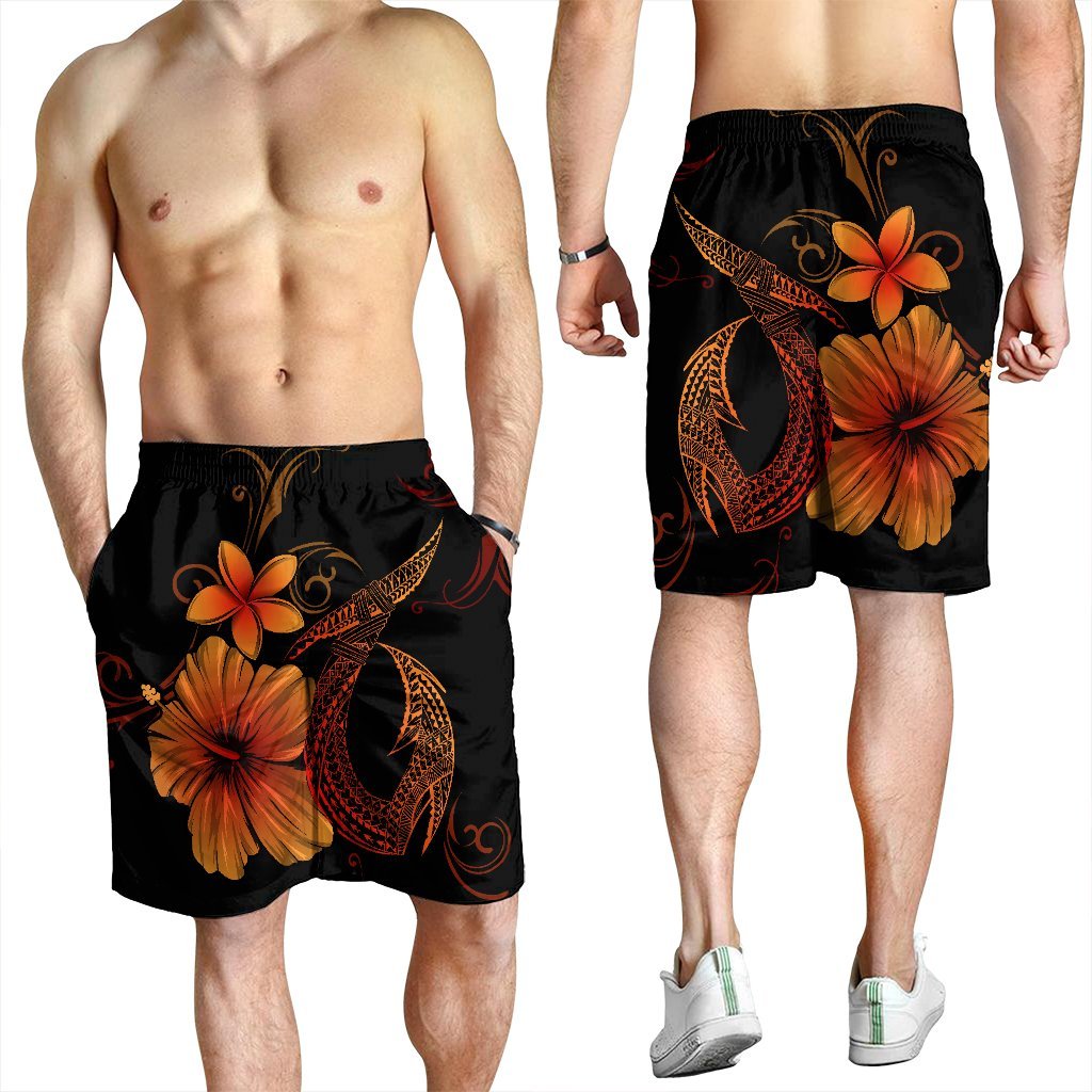 Hawaiian Fish Hook Hibiscus Plumeria Polynesian Men's Shorts - Orange - AH - Polynesian Pride