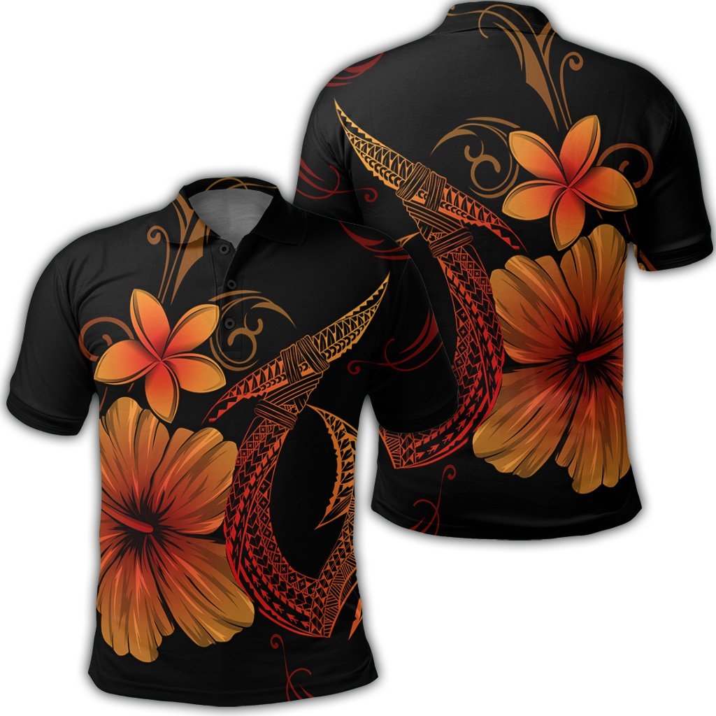 Hawaiian Fish Hook Hibiscus Plumeria Polynesian Polo Shirt Orange Unisex Black - Polynesian Pride