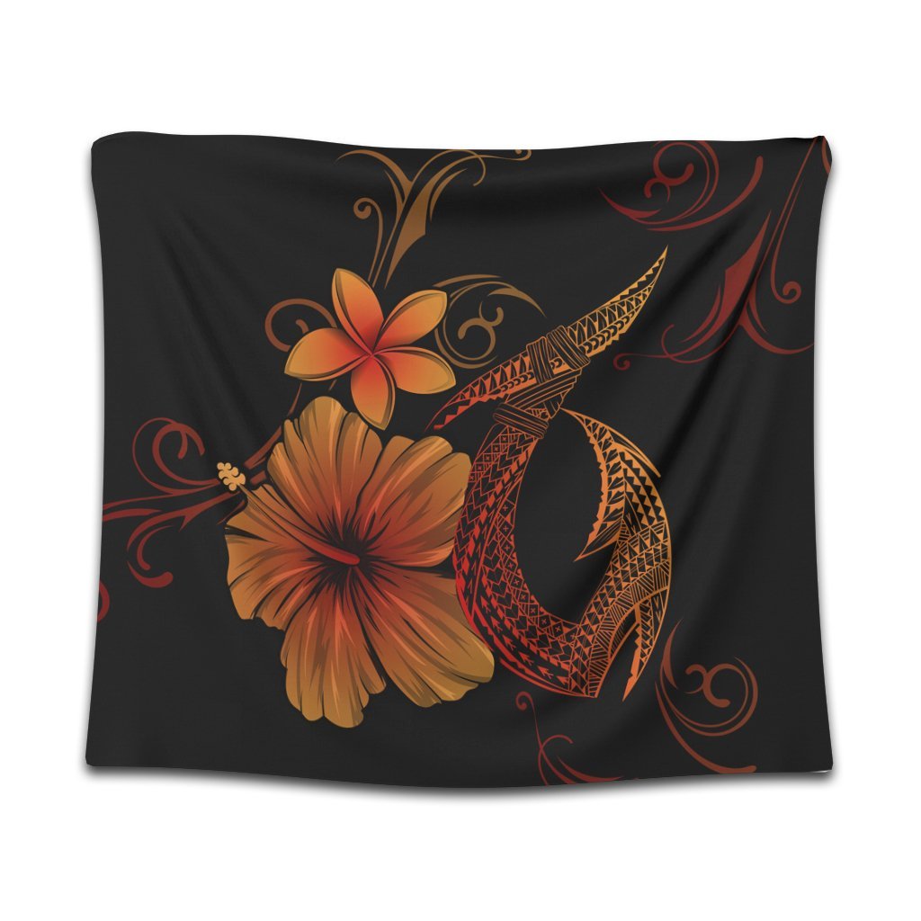 Hawaiian Fish Hook Hibiscus Plumeria Polynesian Tapestry - Orange - AH Wall Tapestry Black - Polynesian Pride