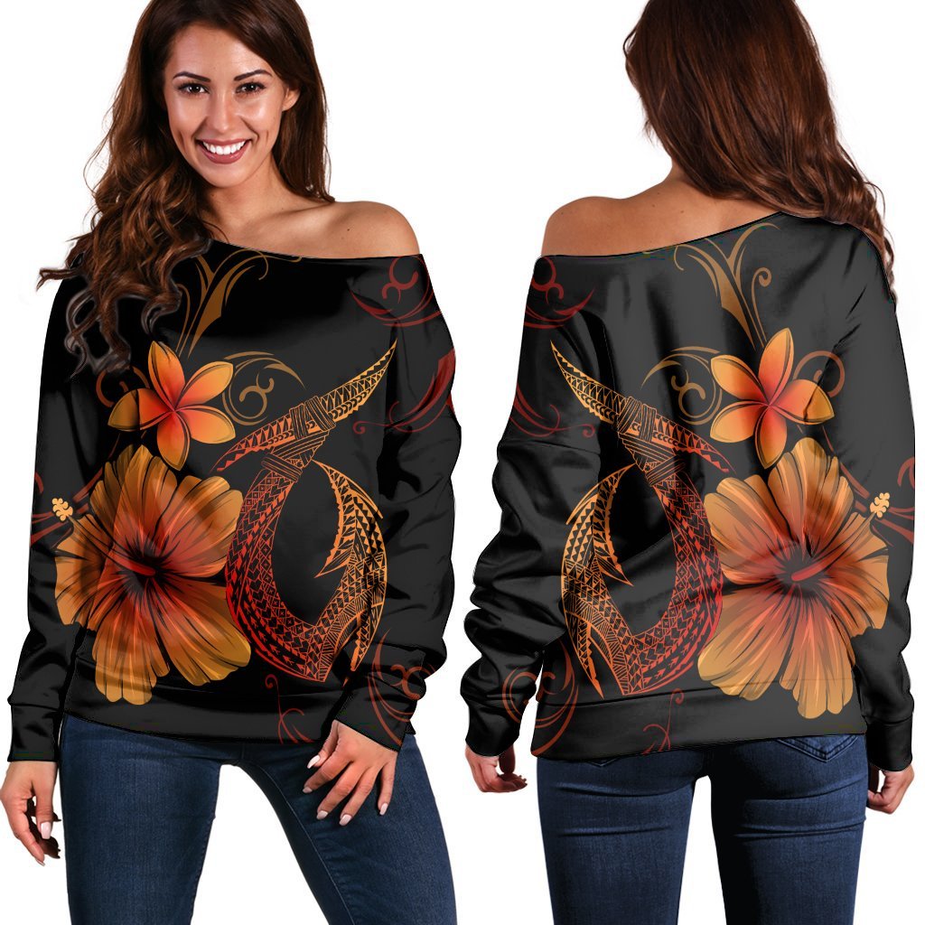 Hawaiian Fish Hook Hibiscus Plumeria Polynesian Women's Off Shoulder Sweater - Orange - AH Black - Polynesian Pride