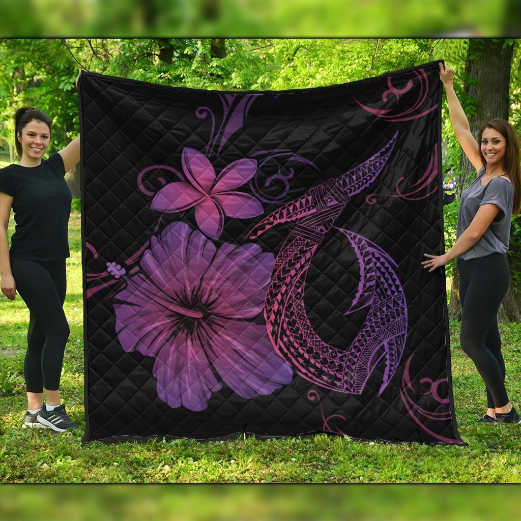 Hawaiian Fish Hook Hibiscus Plumeria Polynesian Premium Quilts - Pink - AH Black - Polynesian Pride