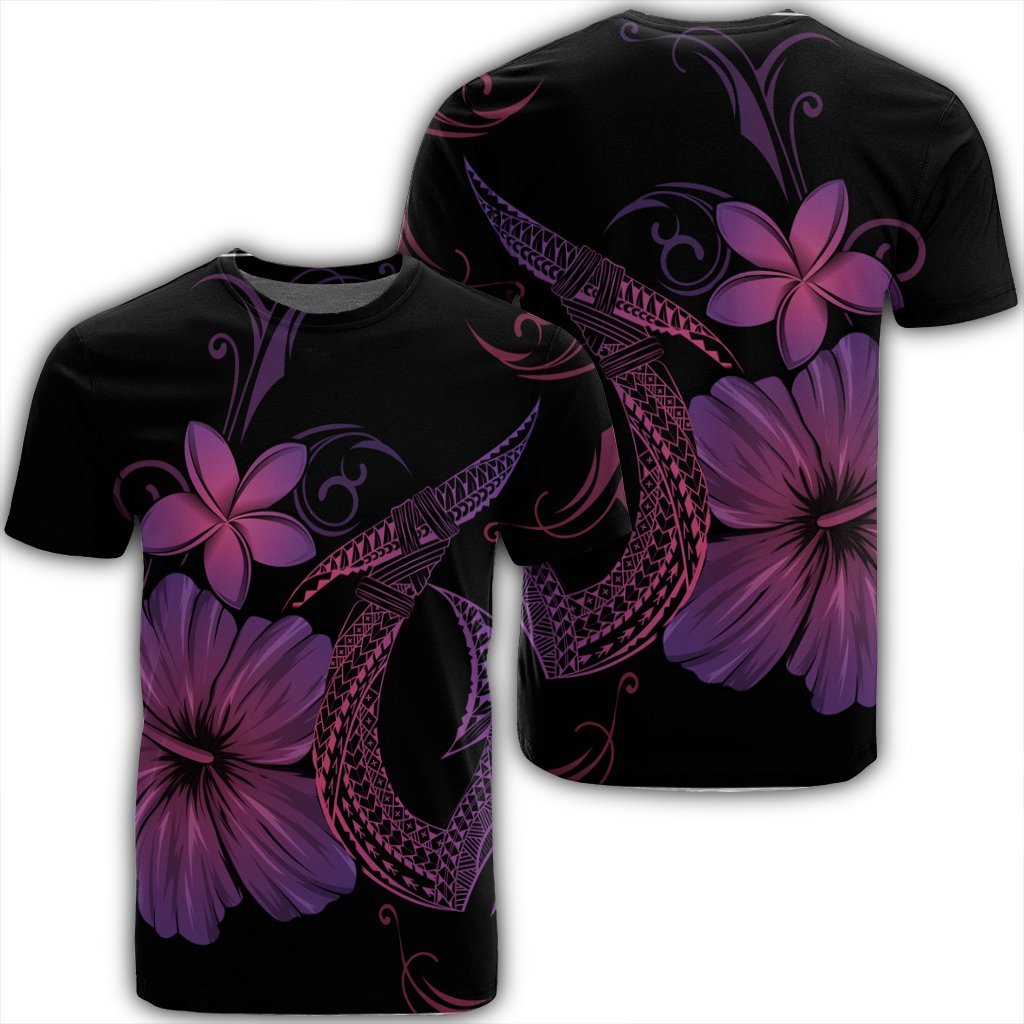 Hawaiian Fish Hook Hibiscus Plumeria Polynesian T Shirt Pink Unisex Black - Polynesian Pride