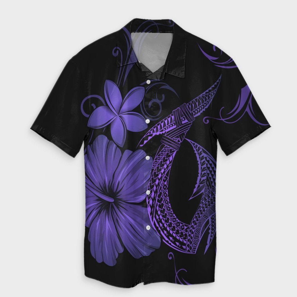 Hawaiian Fish Hook Hibiscus Plumeria Polynesian Hawaiian Shirt - Purple - AH Unisex Black - Polynesian Pride