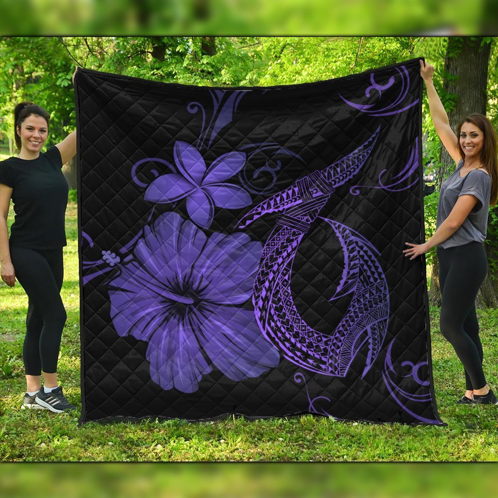 Hawaiian Fish Hook Hibiscus Plumeria Polynesian Premium Quilts - Purple - AH Black - Polynesian Pride