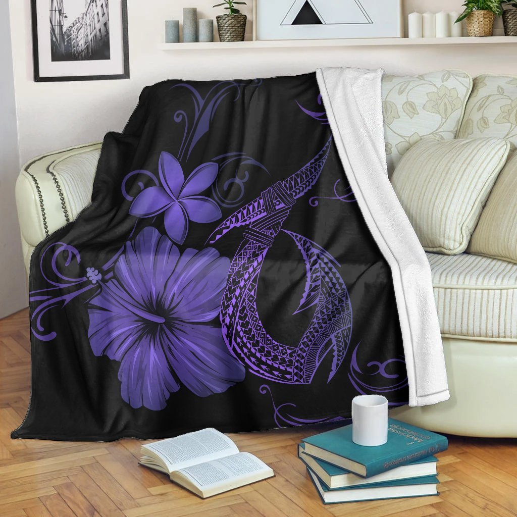 Hawaiian Fish Hook Hibiscus Plumeria Polynesian Premium Blankets - Purple - AH White - Polynesian Pride