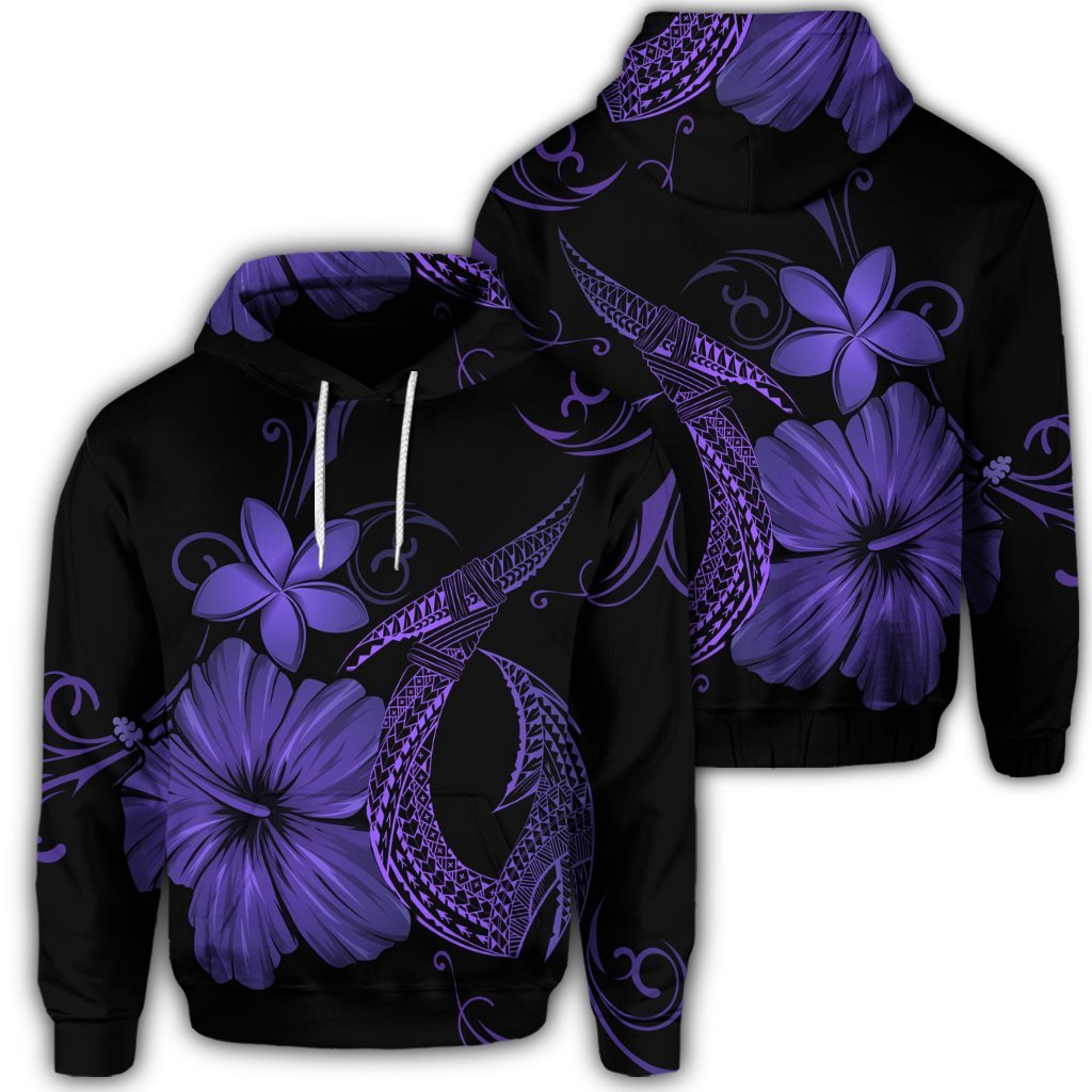 Hawaiian Fish Hook Hibiscus Plumeria Polynesian Hoodie Purple Unisex Art - Polynesian Pride