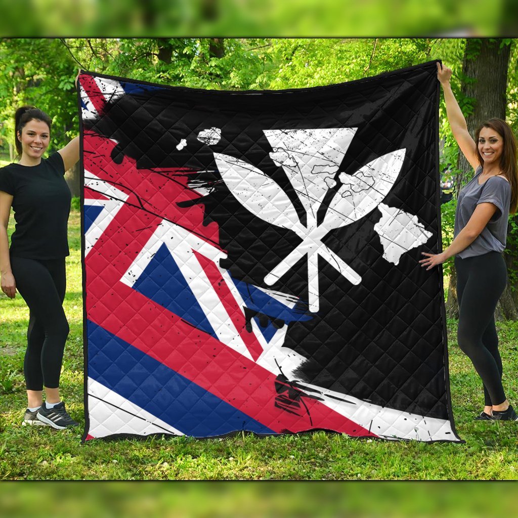 Hawaiian Flag Hawaii Map Kanaka Polynesian Premium Quilts - Classic Style Black - Polynesian Pride