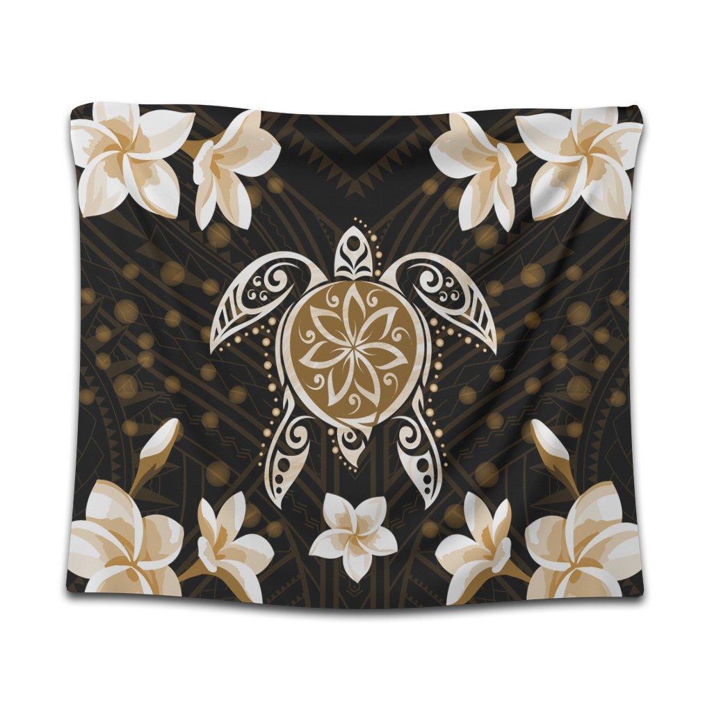 Hawaiian Gold Turtle Plumeria Tapestry AH Wall Tapestry Black - Polynesian Pride